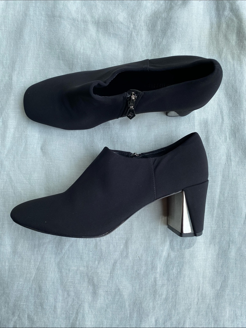 Donald J. Pliner black Calla crepe elastic mirrored heel ankle boots booties